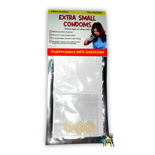 Hilarious Prank Package Titled "Extra Small Condoms" Contains 3 Micro Condoms In Retail Style Foil Packaging.