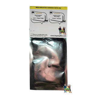 Rear Image of Hilarious Prank Package Titled "Extra Small Condoms" False Testimonials Written on Product Card on Retail Style Foil Packaging.