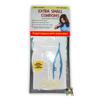 Hilarious Prank Package Titled "Extra Small Condoms" Contains 3 Micro Condoms In Retail Style Foil Packaging.  This Upgrade Includes A Magnifying Glass And Tweezers for Extra Hilarity.